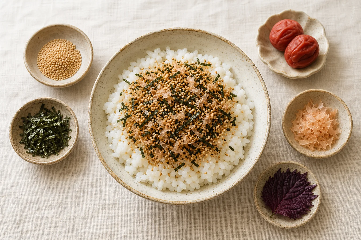 A bowl of rice topped with furikake beside sesame, nori, umeboshi, bonito flakes, and shiso