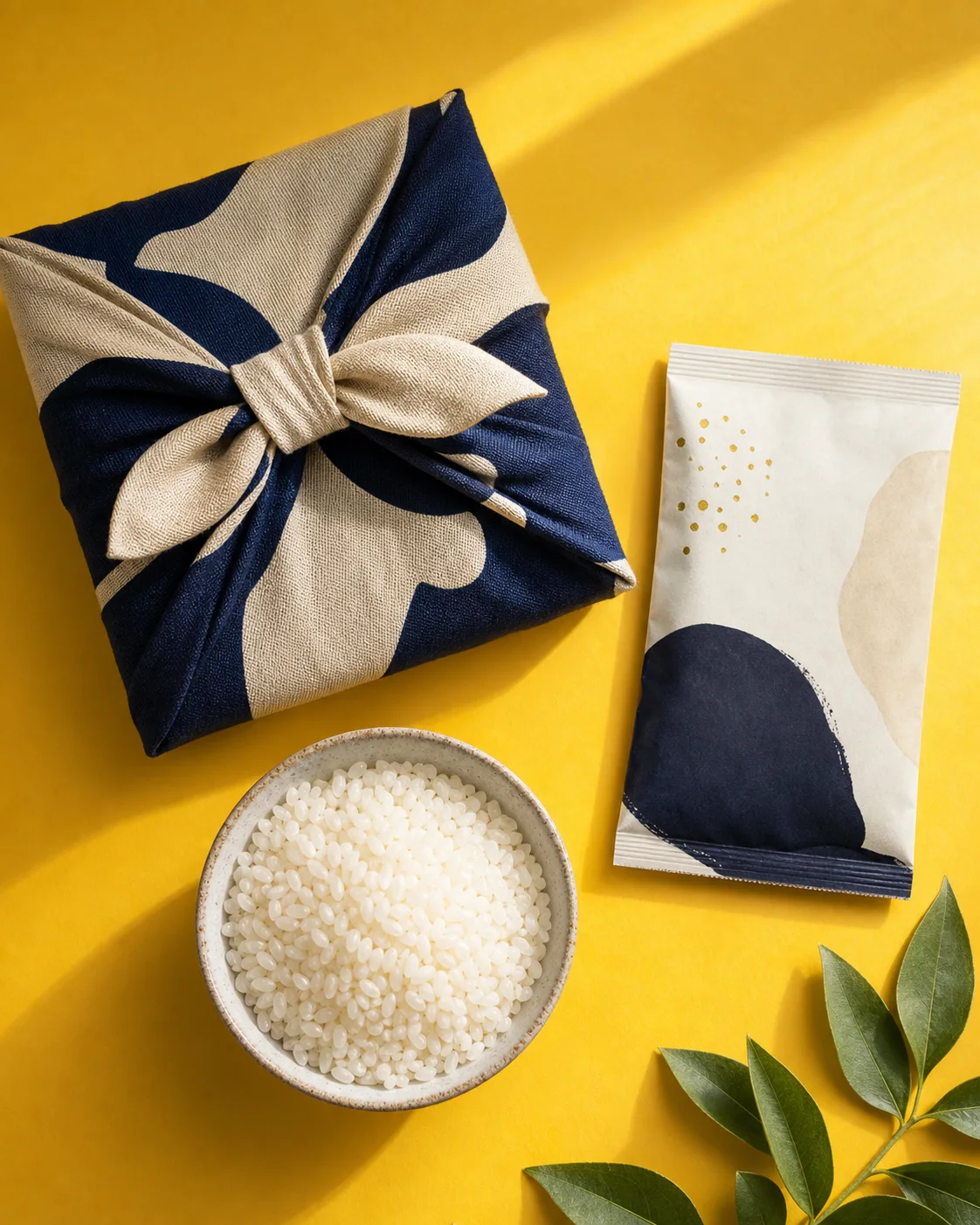 A Japanese-style wrapped gift beside rice and an unbranded seasoning packet